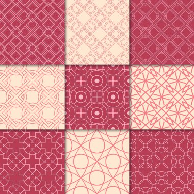 Kiraz kırmızı ve bej geometrik süsler. Web, Tekstil ve duvar kağıtları için dikişsiz desen koleksiyonu