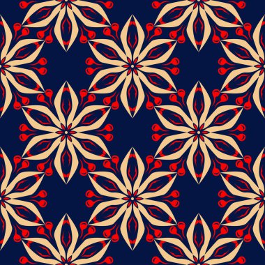 Kesintisiz mavi arka plan. Çiçek bej ve kırmızı desenli duvar kağıtları ve tekstil