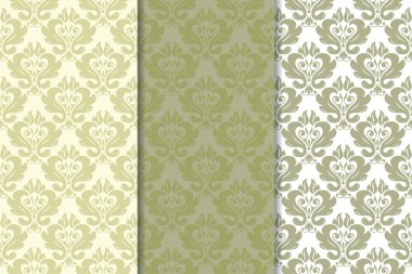 Zeytin yeşili ve beyaz çiçek arka planlar. Tekstil ve duvar kağıtları için dikişsiz desen seti