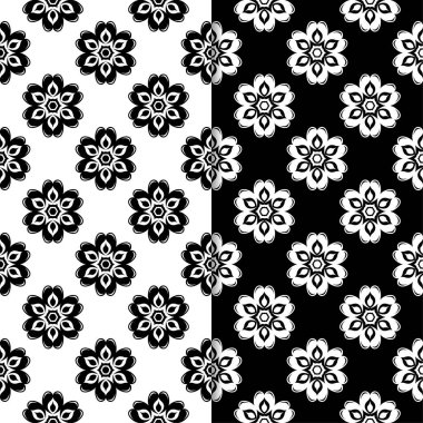 Siyah ve beyaz çiçek arka planlar. Tekstil ve duvar kağıtları için dikişsiz desen seti