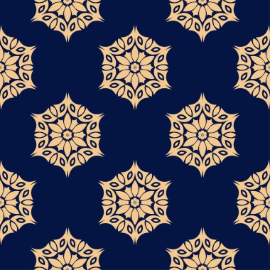 Altın mavi çiçek süsleme. Tekstil ve duvar kağıtları için seamless modeli