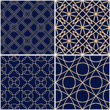 Geometrik desenler. Altın mavi sorunsuz arka planlar kümesi. Vektör çizim