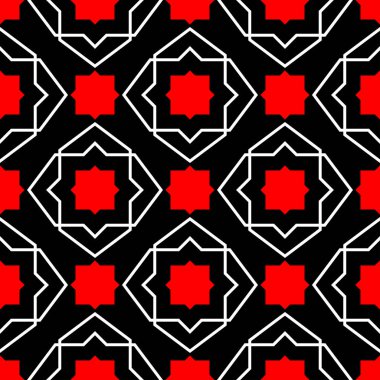 Kırmızı ve beyaz geometrik desenler. Tekstil, kumaş, duvar kağıtları için sorunsuz siyah arka plan