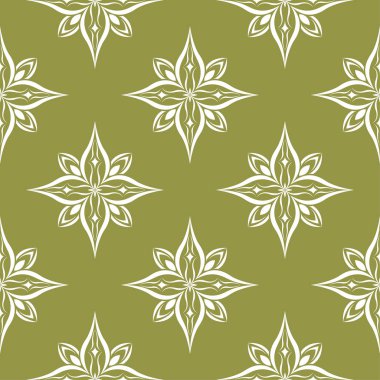 Zeytin yeşil zemin üzerine beyaz çiçek süsleme. Tekstil ve duvar kağıtları için seamless modeli