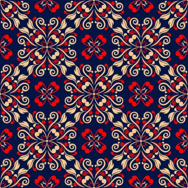 Çiçek sorunsuz arka plan. Duvar kağıtları, Tekstil ve kumaş için mavi arka plan üzerinde kırmızı ve bej çiçek öğeleri