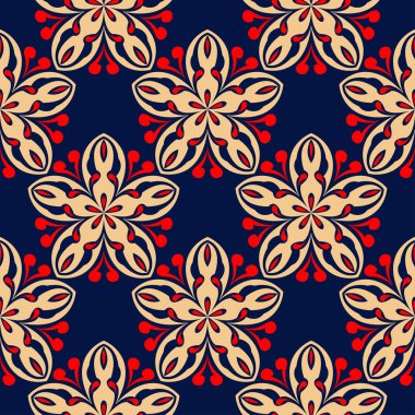 Çiçek sorunsuz ile mavi arka plan kırmızı ve bej desen. Arka plan duvar kağıtları, Tekstil ve kumaş için