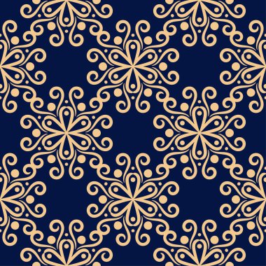 Koyu mavi zemin üzerine altın çiçek süsleme. Tekstil ve duvar kağıtları için seamless modeli
