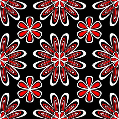 Sorunsuz çiçek desenli. Siyah arka plan üzerinde öğeleri kırmızı ve beyaz.
