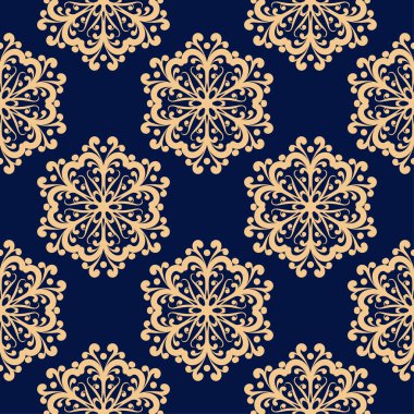 Koyu mavi zemin üzerine altın çiçek süsleme. Tekstil ve duvar kağıtları için seamless modeli