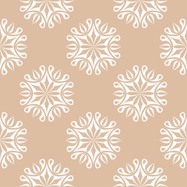 Bej renkli arka plan üzerinde beyaz çiçek süsleme. Tekstil ve duvar kağıtları için seamless modeli