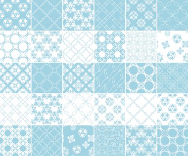 Geometrik ve bitkisel Dikişsiz desen koleksiyonu. Mavi ve beyaz arka plan Tekstil ve duvar kağıtları için