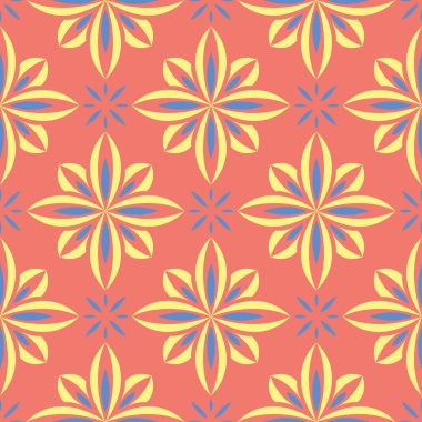 Çiçek tasarım seamless modeli. Duvar kağıtları ve Tekstil için somon kırmızı zemin üzerine parlak sarı ve mavi çiçek öğeleri