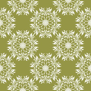 Zeytin yeşil zemin üzerine beyaz çiçek süsleme. Tekstil ve duvar kağıtları için seamless modeli