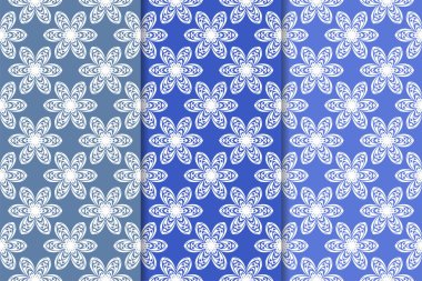 Mavi çiçekli süs tasarım kümesi. Duvar kağıtları ve kumaşlar için dikey Dikişsiz desen