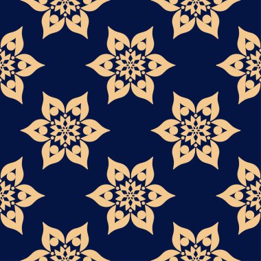 Koyu mavi zemin üzerine altın çiçek süsleme. Tekstil ve duvar kağıtları için seamless modeli