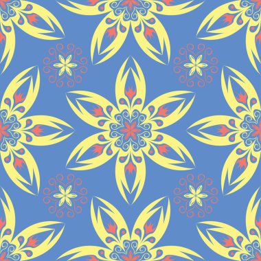 Çiçek tasarım ile mavi seamless modeli. Renkli arka plan duvar kağıtları, Tekstil ve kumaş için kırmızı sarı çiçek öğeleri ile