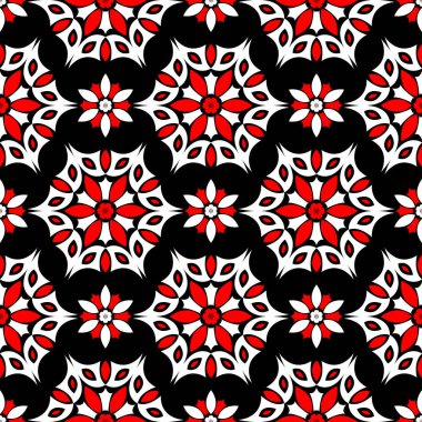 Çiçek elemanları ile Seamless modeli. Siyah kırmızı beyaz bir arka plan duvar kağıtları, Tekstil ve kumaş için