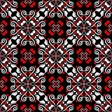 Çiçek elemanları ile Seamless modeli. Siyah kırmızı beyaz bir arka plan duvar kağıtları, Tekstil ve kumaş için