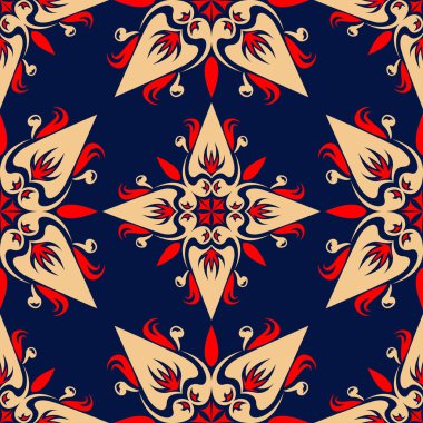 Kesintisiz mavi arka plan. Çiçek bej ve kırmızı desenli duvar kağıtları ve tekstil