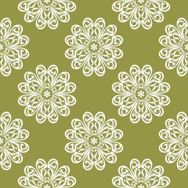 Zeytin yeşil zemin üzerine beyaz çiçek süsleme. Tekstil ve duvar kağıtları için seamless modeli