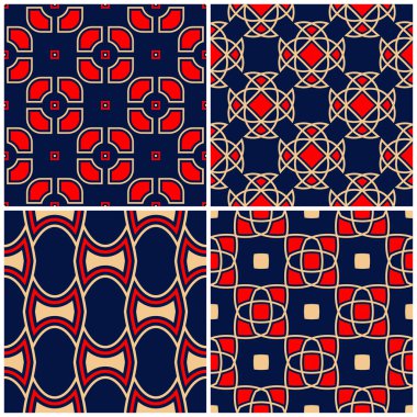 Sorunsuz arka planlar. Mavi klasik bej ve kırmızı duvar kağıtları, Tekstil ve kumaş için geometrik desenlerle ayarlar