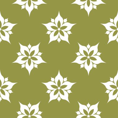 Zeytin yeşil zemin üzerine beyaz çiçek süsleme. Tekstil ve duvar kağıtları için seamless modeli