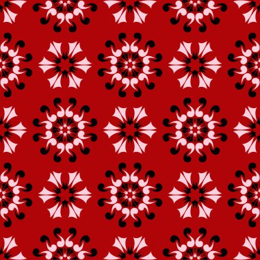 Sorunsuz kırmızı arka plan siyah ve beyaz tasarım öğeleri ile. Desen duvar kağıtları, Tekstil ve kumaş için