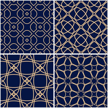 Geometrik desenler. Altın mavi sorunsuz arka planlar kümesi. Vektör çizim