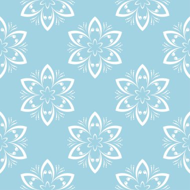 Mavi zemin üzerine beyaz çiçek süsleme. Tekstil ve duvar kağıtları için seamless modeli