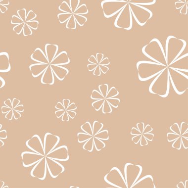 Bej renkli arka plan üzerinde beyaz çiçek süsleme. Tekstil ve duvar kağıtları için seamless modeli