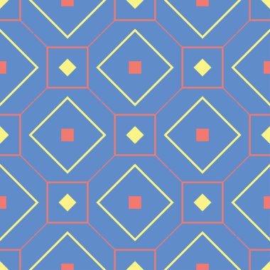 Geometrik mavi seamless modeli. Arka plan duvar kağıtları, Tekstil ve kumaş için kırmızı ve sarı tasarımı ile çok renkli