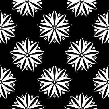 Siyah arka plan üzerine beyaz çiçek süsleme. Tekstil ve duvar kağıtları için seamless modeli