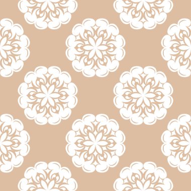 Bej renkli arka plan üzerinde beyaz çiçek tasarım. Tekstil ve duvar kağıtları için seamless modeli