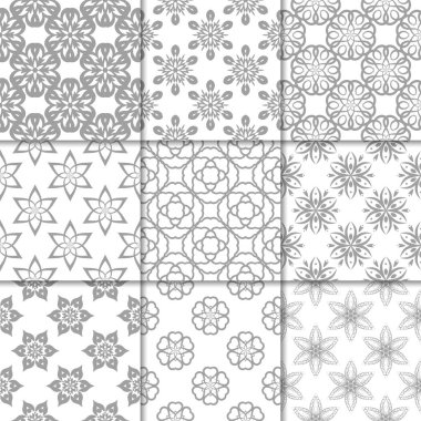 Gri ve beyaz çiçekli süsler. Kağıt için tarafsız Dikişsiz desen koleksiyonu Tekstil