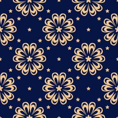 Koyu mavi zemin üzerine altın çiçek tasarım. Tekstil ve duvar kağıtları için seamless modeli