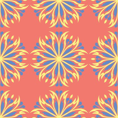 Çiçek tasarım seamless modeli. Duvar kağıtları ve kumaşlar için somon kırmızı zemin üzerine parlak sarı ve mavi çiçek öğeleri