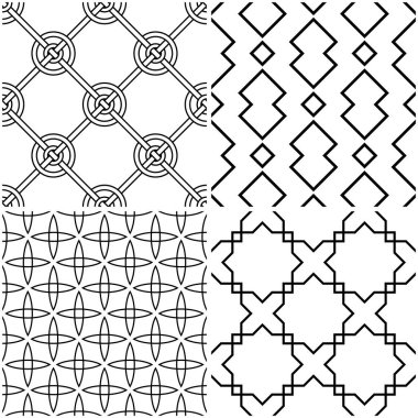Geometrik desenler. Siyah beyaz tek renkli kesintisiz arka planlar kümesi. Vektör çizim