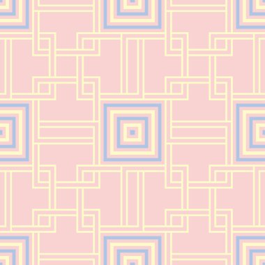 Geometrik seamless modeli. Soluk pembe arka plan duvar kağıtları, Tekstil ve kumaş için mavi ve bej elemanları ile