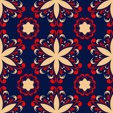 Çiçek sorunsuz ile mavi arka plan kırmızı ve bej desen. Arka plan duvar kağıtları, Tekstil ve kumaş için