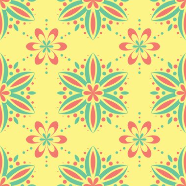 Çiçek tasarım ile Seamless modeli. Parlak sarı arka plan duvar kağıtları, Tekstil ve kumaş için pembe ve yeşil çiçek öğeleri