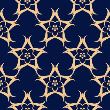 Koyu mavi zemin üzerine altın çiçek süsleme. Tekstil ve duvar kağıtları için seamless modeli