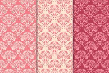 Kırmızı çiçekli süsler kümesi. Kiraz pembe dikey Dikişsiz desen. Duvar kağıdı arka plan