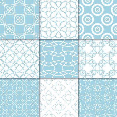 Mavi ve beyaz geometrik süsler. Web, Tekstil ve duvar kağıtları için dikişsiz desen koleksiyonu