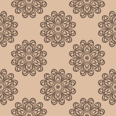 Bej renkli arka plan üzerinde kahverengi çiçek süsleme. Tekstil ve duvar kağıtları için seamless modeli