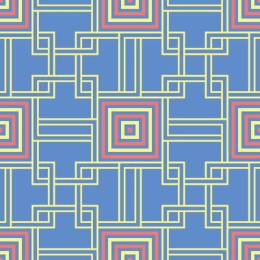 Mavi geometrik sorunsuz arka plan. Tasarım duvar kağıtları, Tekstil ve kumaş kırmızı ve sarı desenli parlak çok renkli