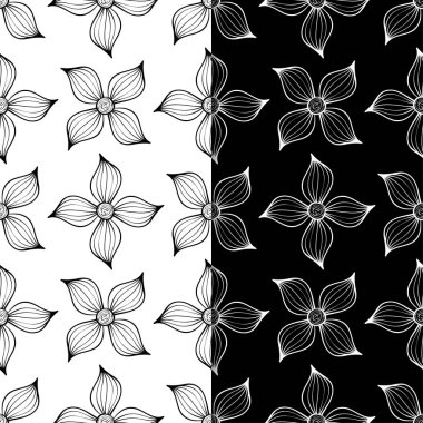 Siyah ve beyaz çiçek arka planlar. Tekstil ve duvar kağıtları için dikişsiz desen seti