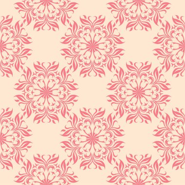 Bej renkli arka plan üzerinde kırmızı çiçekli süs. Tekstil ve duvar kağıtları için seamless modeli