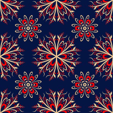 Çiçek sorunsuz arka plan. Duvar kağıtları, Tekstil ve kumaş için mavi arka plan üzerinde kırmızı ve bej çiçek öğeleri