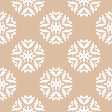 Bej renkli arka plan üzerinde beyaz çiçek süs tasarım. Tekstil ve duvar kağıtları için seamless modeli
