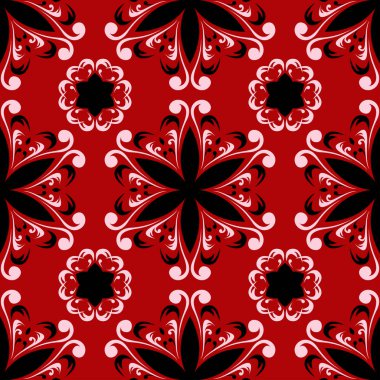 Sorunsuz çiçek arka plan. Kırmızı zemin üzerinde siyah-beyaz desen.
